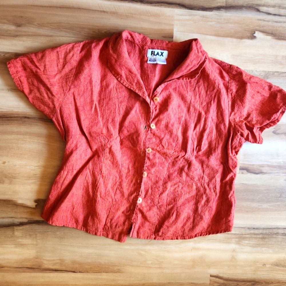 EUC Flax Linen Button-up Shirt in Red-Orange Chambray 🍊 (Sz M)